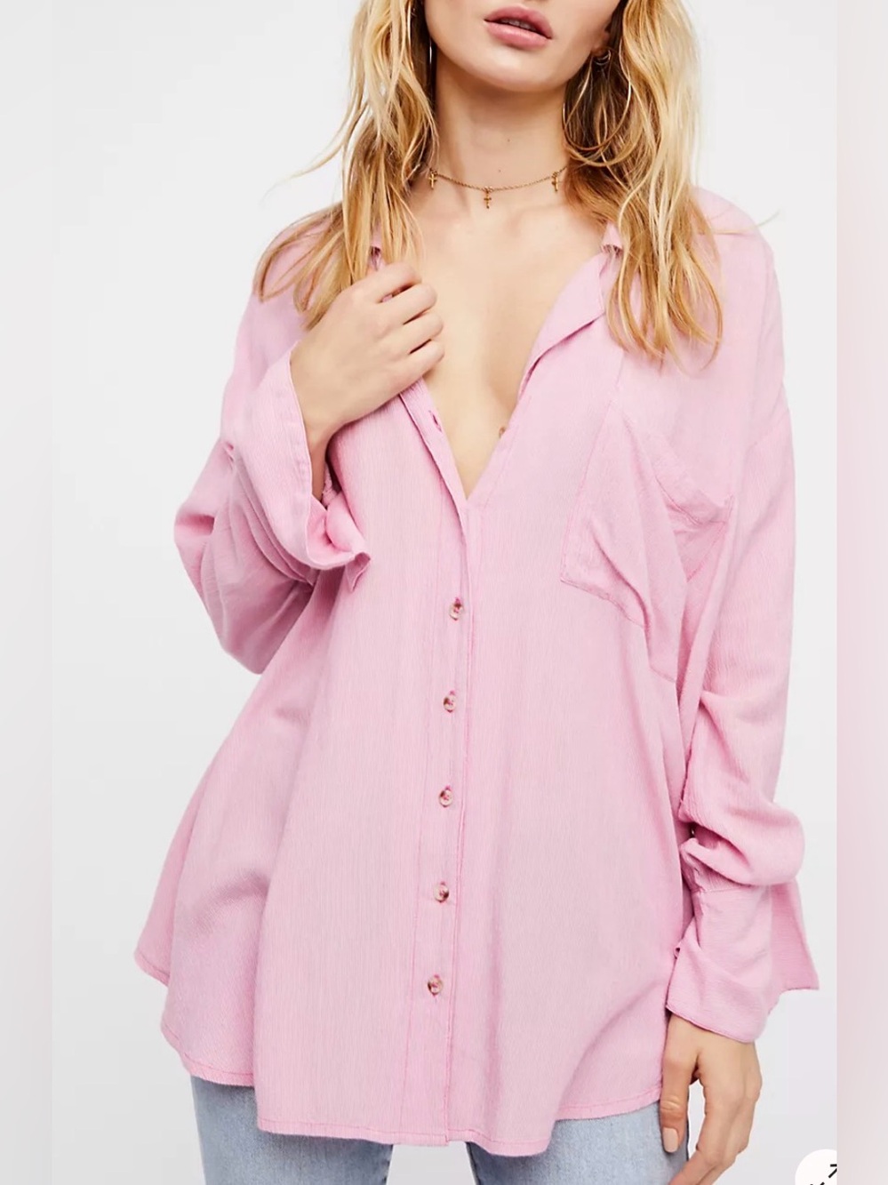 Free People Magic Breeze Button Down Shirt Women’s Large Pink Striped Oversized